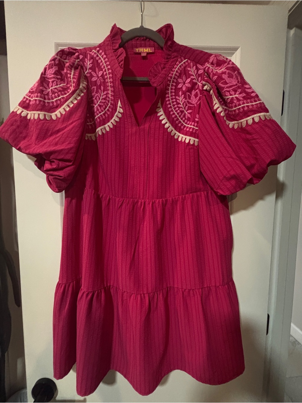 THML Fuchsia Puff Sleeve Embroidered Tiered Dress